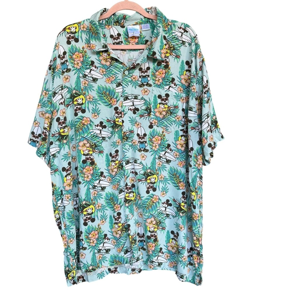 Disney Mickey Mouse Shirt Mens 3XL Blue Hawaiian Floral Rayon Button Up